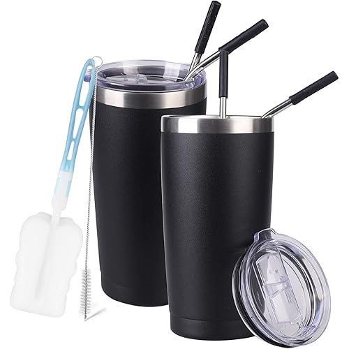 SERENCOZY 20oz Tumbler Stainless Steel Vacuum Insulated Tumbler With Lid And Straws Double Wall Travel Coffee Mugs Cup for Hot Beverage and Cold Drinks (Black, 2 Pack)