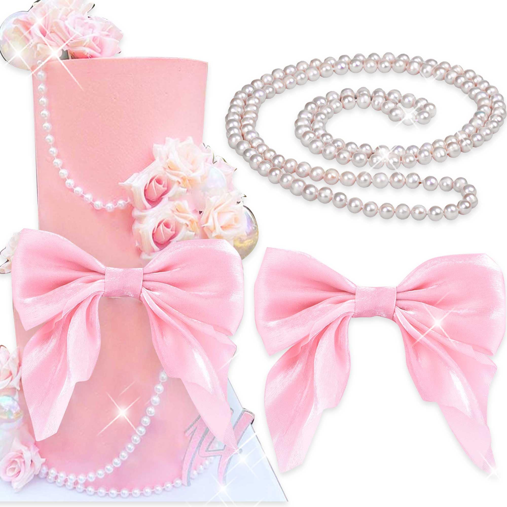 Photo 1 of Pink Ribbon Bow Cake Topper Pearl Cake Decor Coquette Birthday Cake Bachelorette Coquette Birthday Party Bow Party Decorations Happy Valentine's Day Cupcake Toppers
