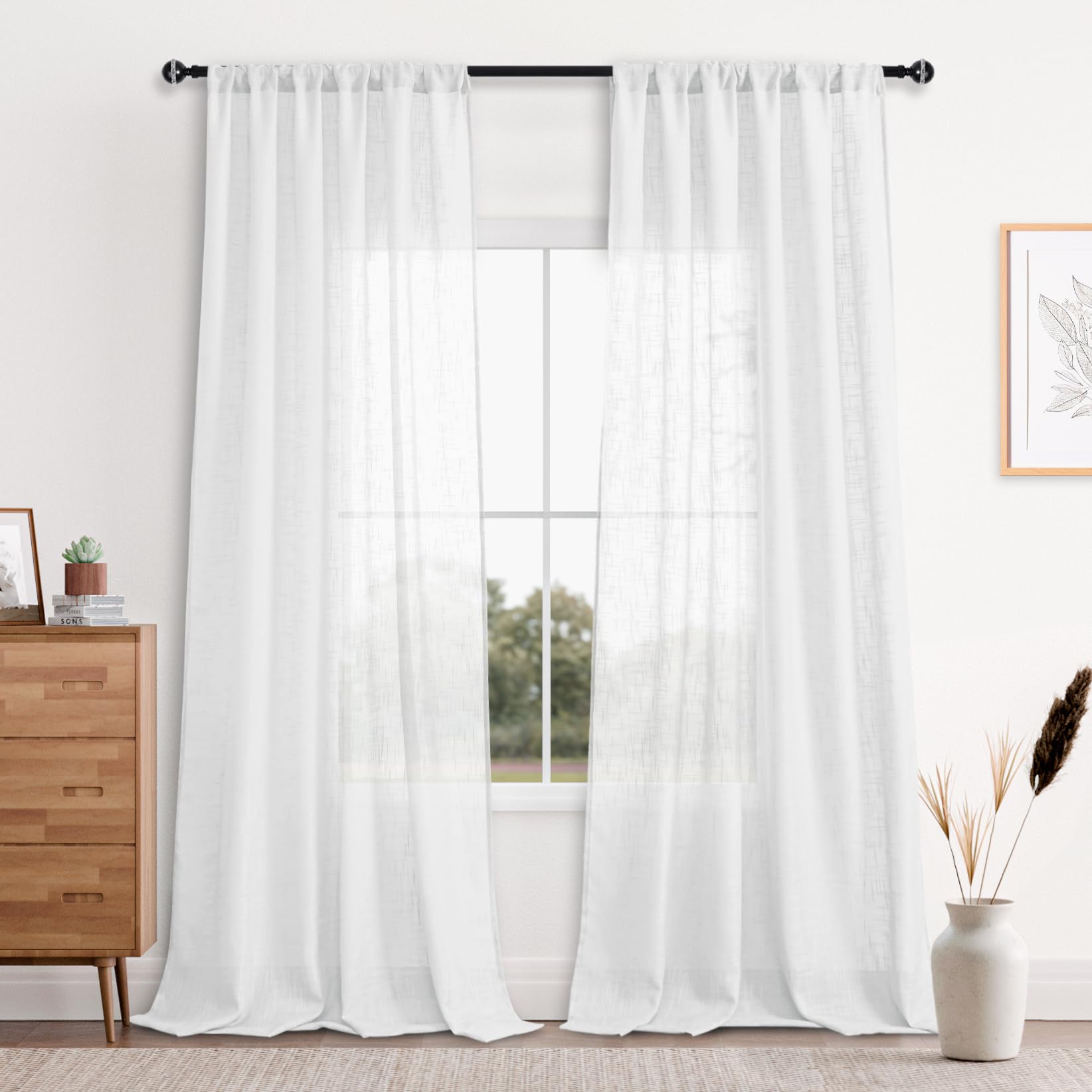 DWCN Faux Linen White Sheer Curtains - Semi Voile Window Curtain Panels for Bedroom and Living Room, Set of 2 Rod Pocket Top Drapes, 52 x 96 Inches Long