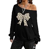 KIDDAD Leopard Bow Sweatshirt for Women Off the Shoulder Sweatshirts Y2k Graphic Shirt Fall Casual Long Sleeve Top