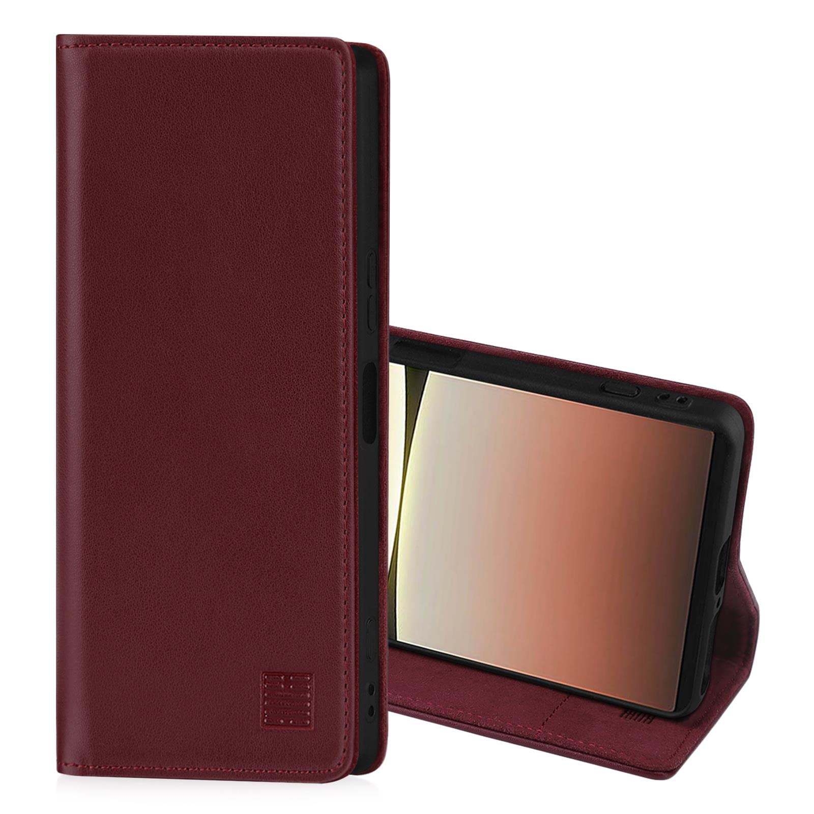 32nd Classic Series 2.0 - Real Leather Book Wallet Flip Case Cover For Sony Xperia 5 IV (2022), Real Leather Design With Card Slot, Magnetic Closure and Built In Stand - Burgundy