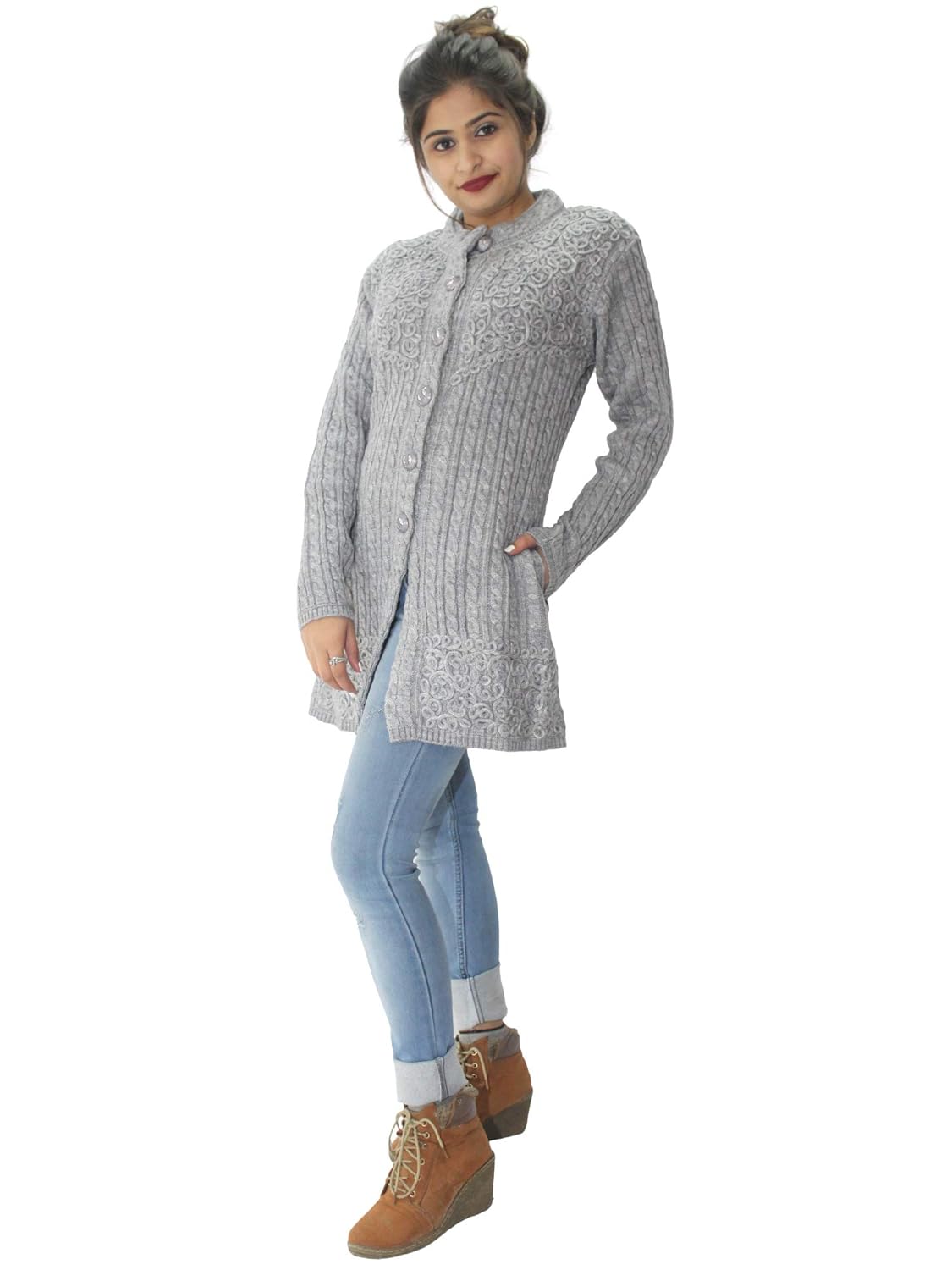 hautemoda women's woollen embroidered long cardigan (ad04sa01_peach)