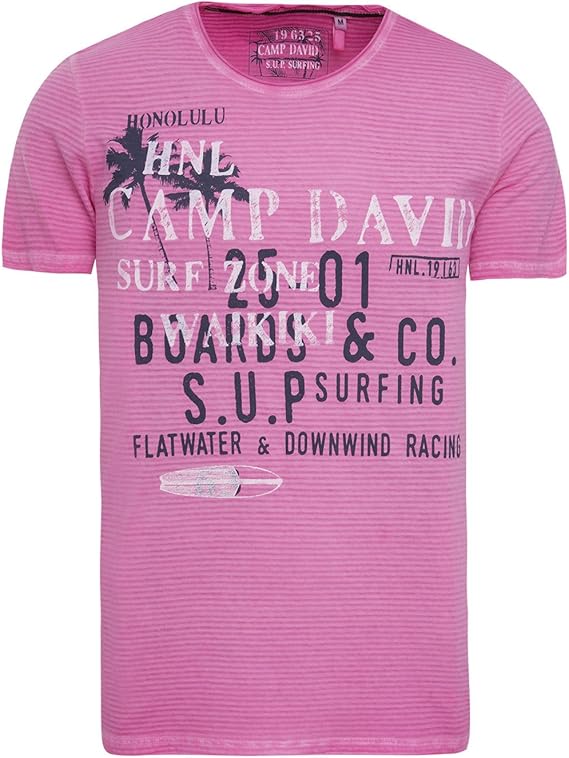Camp David Herren T-Shirt Mit Streifen - Regular Fit Mit Rücken-Print