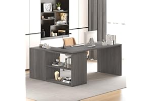HSH L Shaped Computer Desk, Rustic Wood Corner Desk, Industrial Writing Workstation Table with Cabinet Drawer Storage for Hom