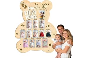 My First Year Baby Growth Photo Display Board Wooden - 12 Months Newborn Milestones Keepsake Frame, 1st Birthday Party Nurser