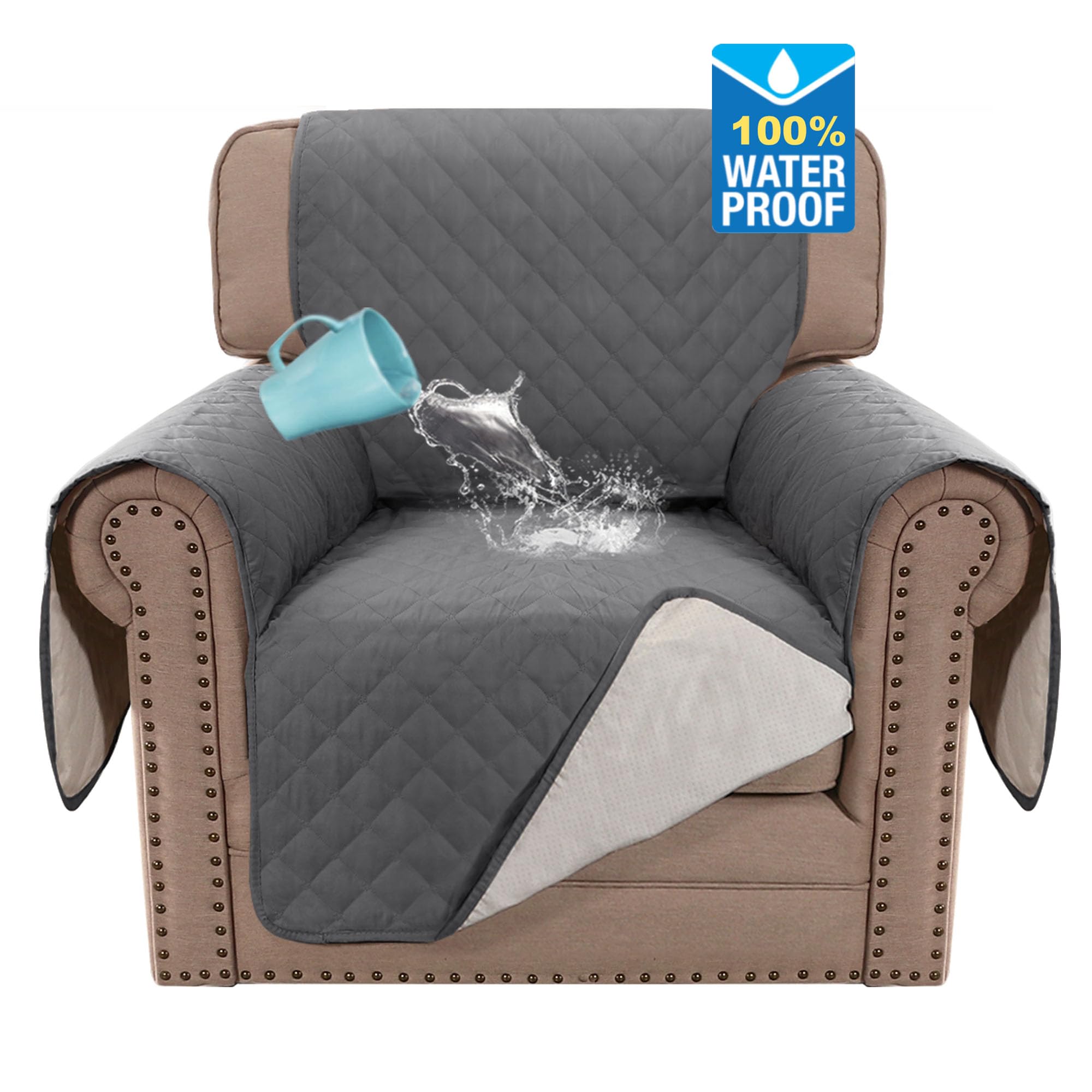 BellaHills Sofa Cover 100% Waterproof Sofa Covers 1 Seater Armchair Covers Triple Non-Slip Sofa Slipcovers for 1 Cushion Chair Washable Sofa Protector for Kids/Pets (Chair 23",Gray) โ image 1