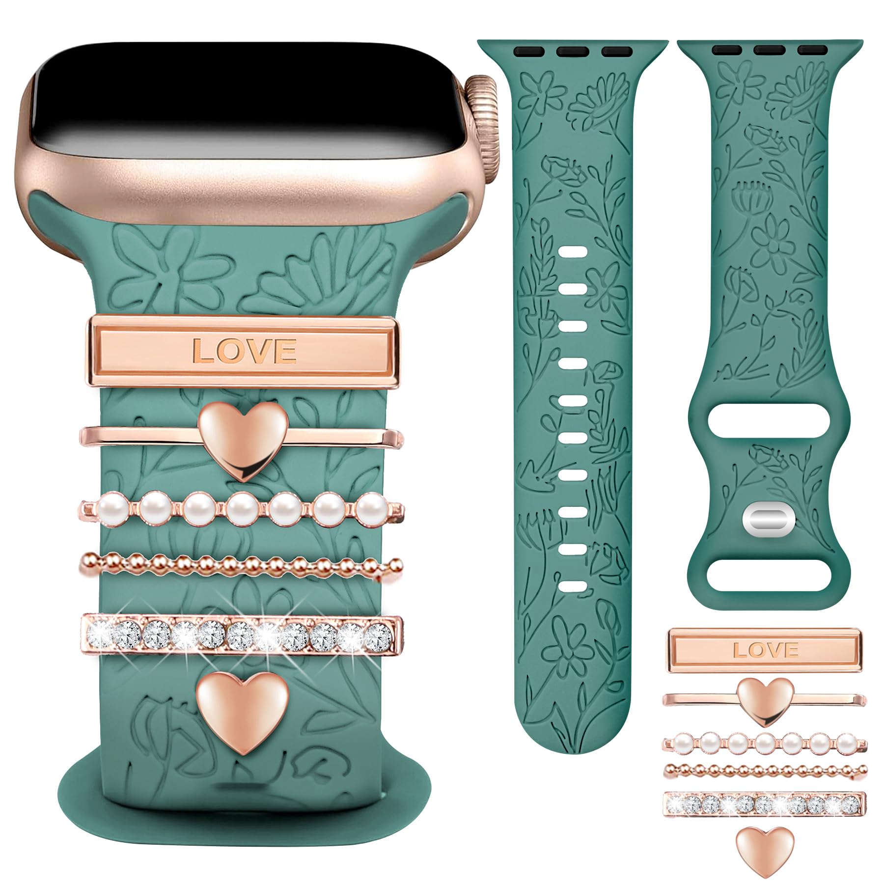JR.DM Floral Engraved Band Compatible with Apple Watch 42mm 40mm 41mm 38mm Women, Soft Silicone Dressy Straps Decorative with Charms for iWatch Series 11 10 9 8 7 6 5 4 3 2 1 SE
