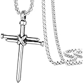 JUNOVUROS Nail Cross Necklace for Men Stainless Steel Religious Retro Nail Cross Pendant Necklace, 18 to 28 Inch Rolo Chain, Silver/Gold/Black