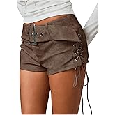 Floerns Women's Faux Leather Lace Up Side Low Rise Waist Mini Shorts Buckled Belt Western Y2k Suede Shorts
