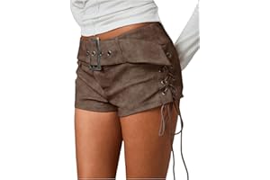 Floerns Women's Faux Leather Lace Up Side Low Rise Waist Mini Shorts Buckled Belt Western Y2k Suede Shorts