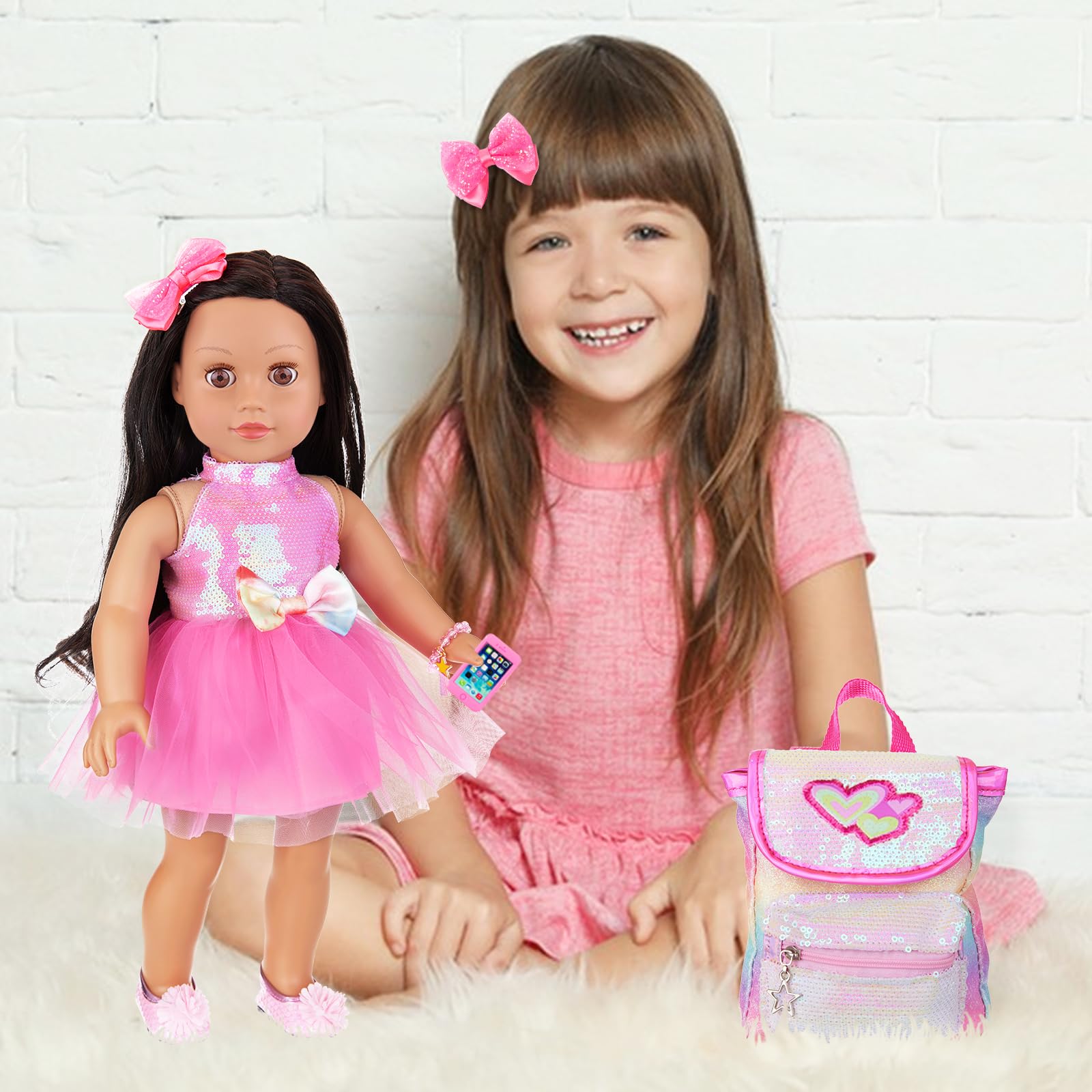 ECORELF American 18 Inch Doll Clothes and Accessories, Sequin Doll Backpack Accessories Set Included 18 inch Girl Doll Backpack,Sequin Gauze Dress,Doll Shoes,Bow Knot Hairpin,Hand Chain(No Doll)