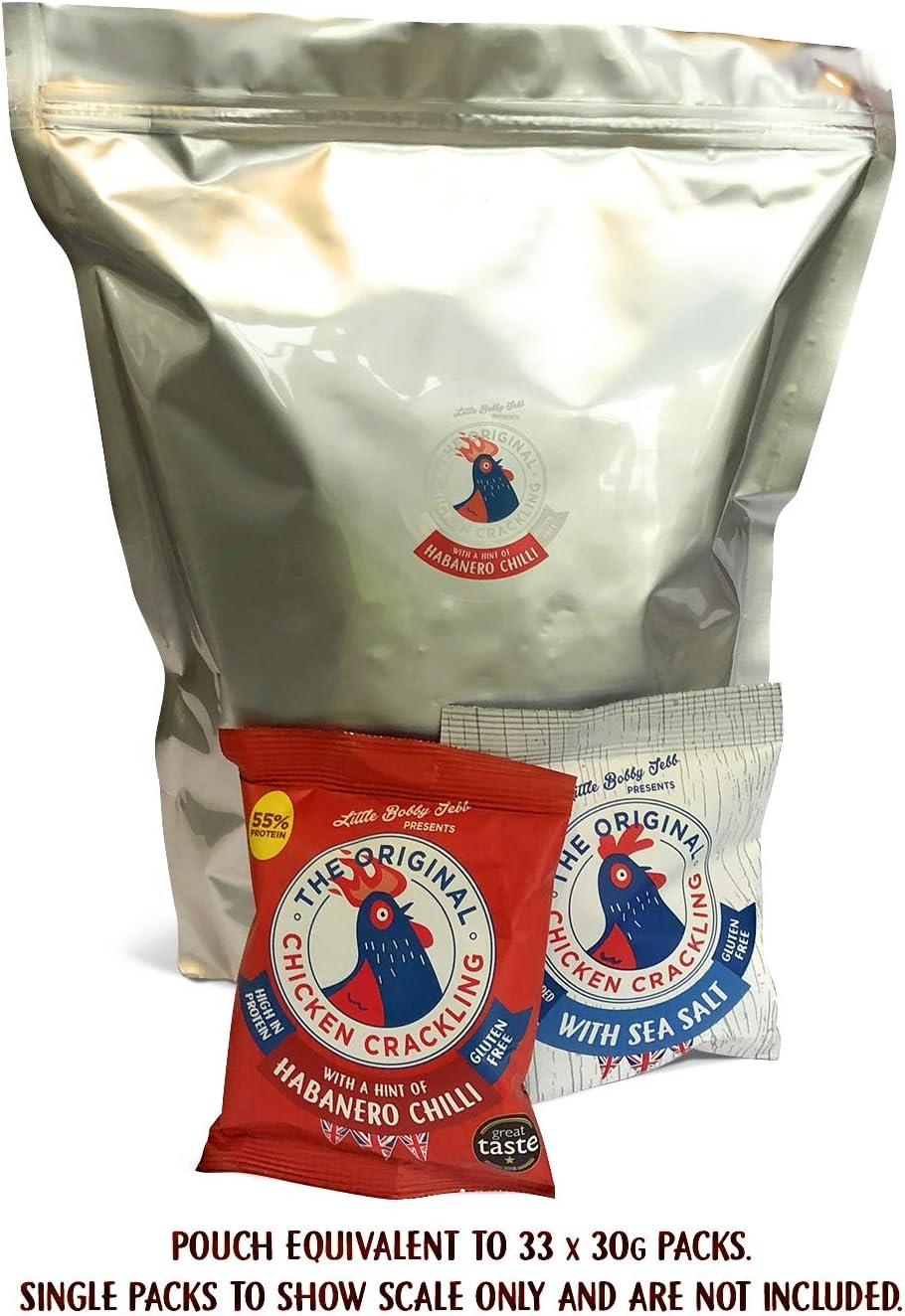 Chicken Crackling Hand Cooked, Naked. Unseasoned, 1 Kg Resealable Pouch. Low Carb, High Protein, Keto, Gluten-Free Alternative to Pork Scratchings.