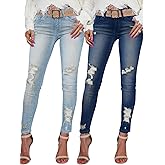 2 Piece Women's Mid Waisted Jeans Trendy Distressed Stretch Ripped Butt Lift Denim Pants Light Blue&Dark Blue Medium
