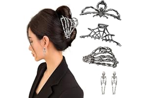 JELUTAR 3PCS Halloween Hair Clips and 1 Pair Skull Skeleton Earrings - Goth Punk Halloween Accessories Gifts for Women and Girls,Black Metal Spider Web & Skeleton Hand Skull Hair Claw Clips (Black)