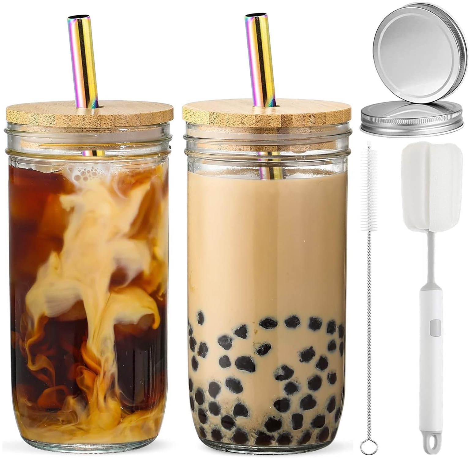 CJWLKJ 2-Pack 24oz Glass Cups Tumbler with Lids and Straws & 2 Airtight Lids, Reusable Boba Bubble Tea Cups, Mason Jar Drinking Glasses Iced Coffee Cup for Long Drinks, Water, Cocktail, Whiskey, Gift