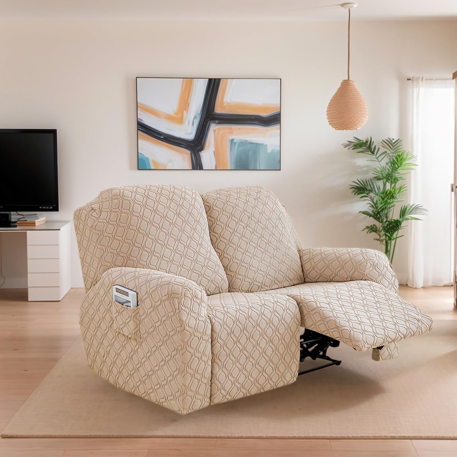 OKUYUK Recliner Chair Cover, 6-Pieces Stretch Recliner Covers for Recliner Chair Soft Reclining Chair Slipcover Furniture Protector for Dogs Cats (Sand, 2 Seater)