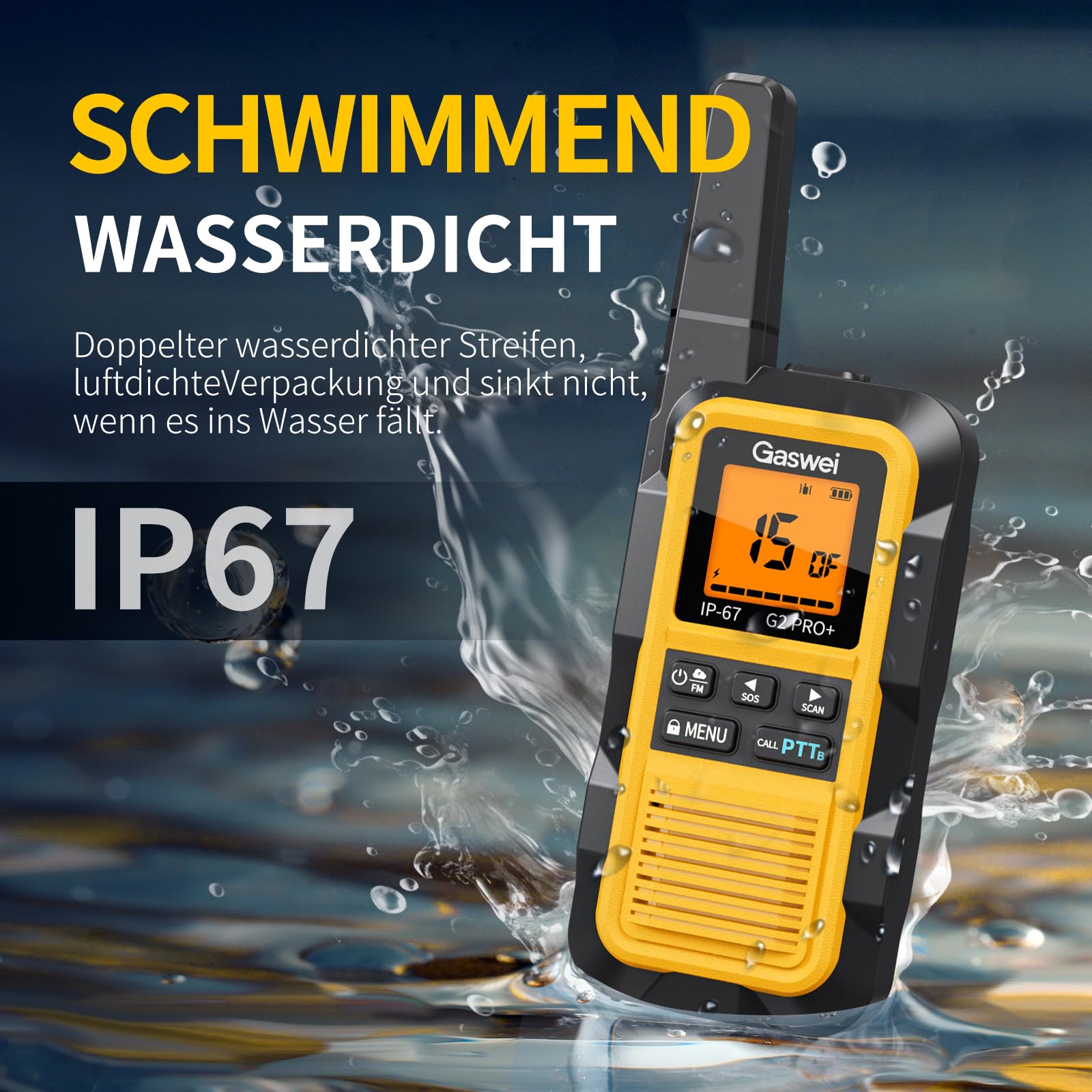 Gaswei G2Pro Professionelle Walkie-Talkies für Erwachsene [IP67 wasserdicht & schwimmfähig] Langstrecken-Funkgerät mit Doppel-PTT, VOX,SOS-Alarm,FM-Radio + Akku für Outdoor, (2er-Set in Gelb) 3