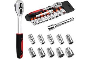 Waltool 12Pcs 1/2” Ratchet Socket Wrench Set Contains 10-24mm Sockets and 2 Way Quick Released Ratchet Handle and Extension B