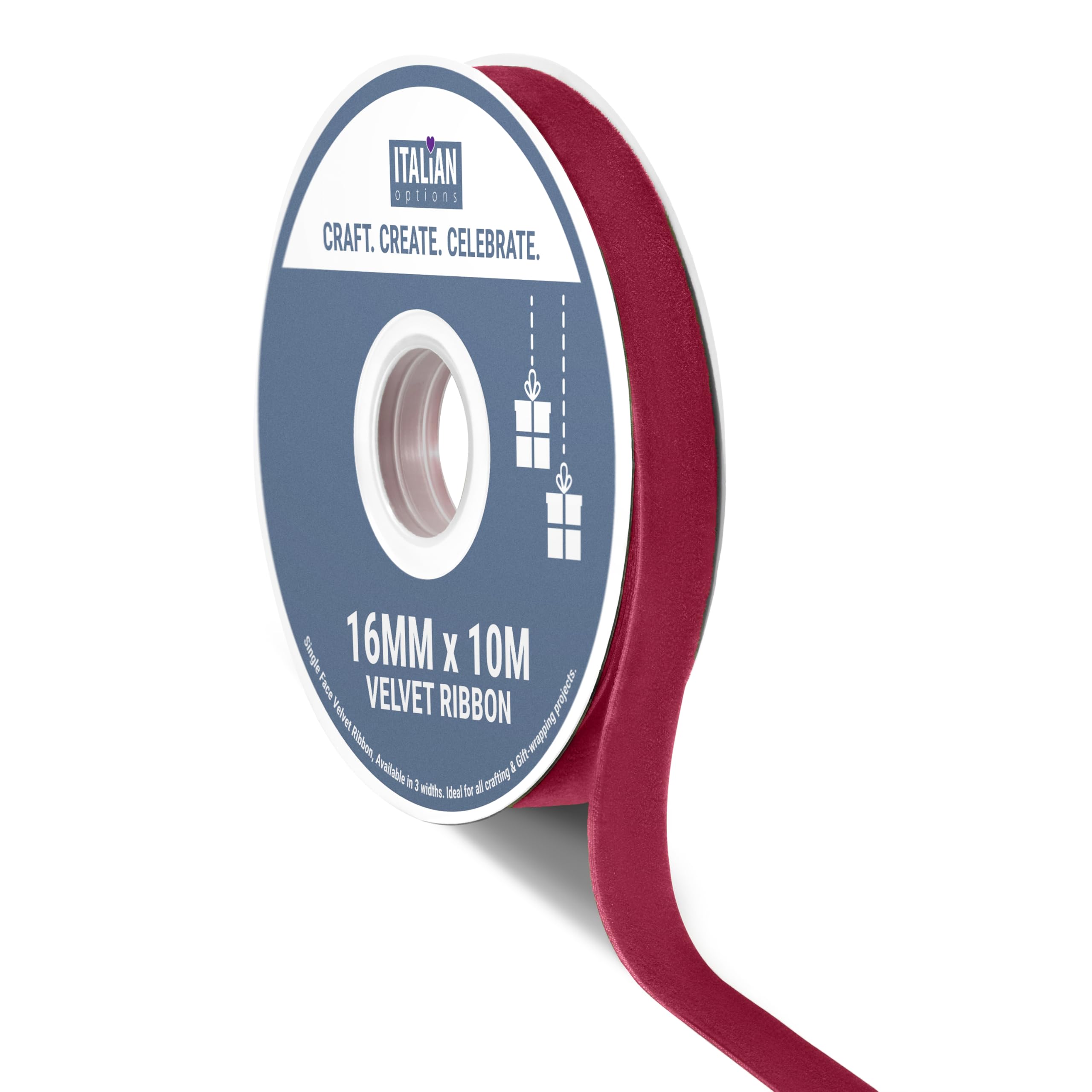 Italian Options Velvet Ribbon, Luxury, Single-Face Velvet Ribbon for Crafting, Christmas, Bows, Hair, Cakes, Weddings, Ornaments, Gift Wrapping, Flowers, 16mm x 10 Metre Roll, Burgundy