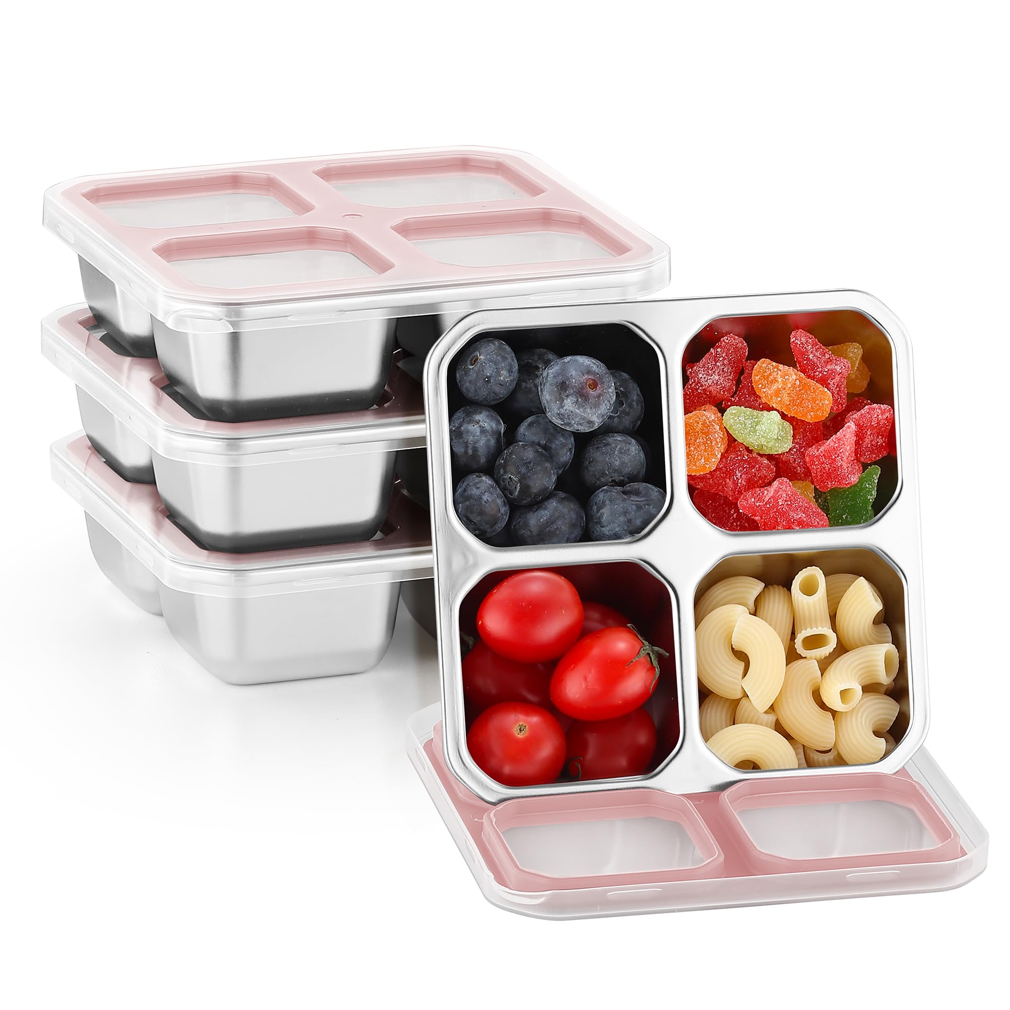 Photo 1 of BEFOY 4 Pack Stainless Steel Snack Containers with Lids 4 Compartment Food Storage Containers for Adults Meal Prep Reusable for work or going out.(pink, 4)