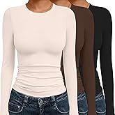 Ekouaer 3 Pack Women Long Sleeve Crew Neck Shirts Basic Thermal Tops Slim Fit Ruch Side Tees Going Out Layering Thirts XS-XXL