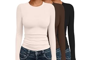 Ekouaer 3 Pack Women Long Sleeve Crew Neck Shirts Basic Thermal Tops Slim Fit Ruch Side Tees Going Out Layering Tees XS-XXL