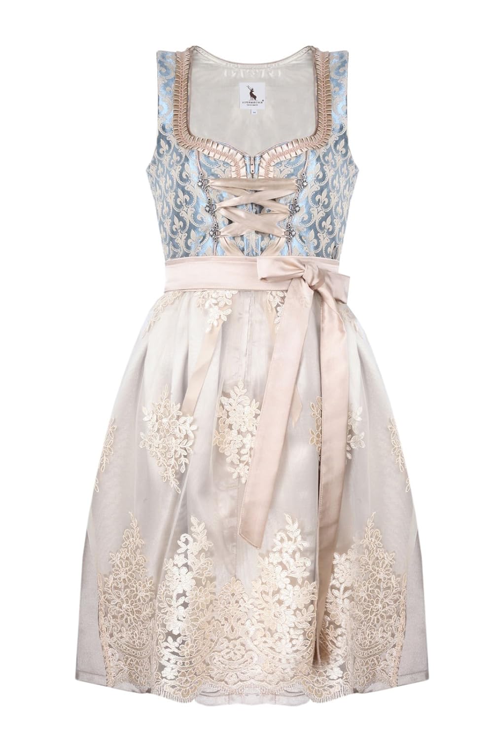 Alpenmärchen Midi Dirndl uit exclusieve collectie incl. kanten schort maat 32-54 - ALM960, blauw-zilver, 38 Alpenmärchen Midi Dirndl uit exclusieve collectie incl. kanten schort maat 32-54 - ALM960, blauw-zilver, 38