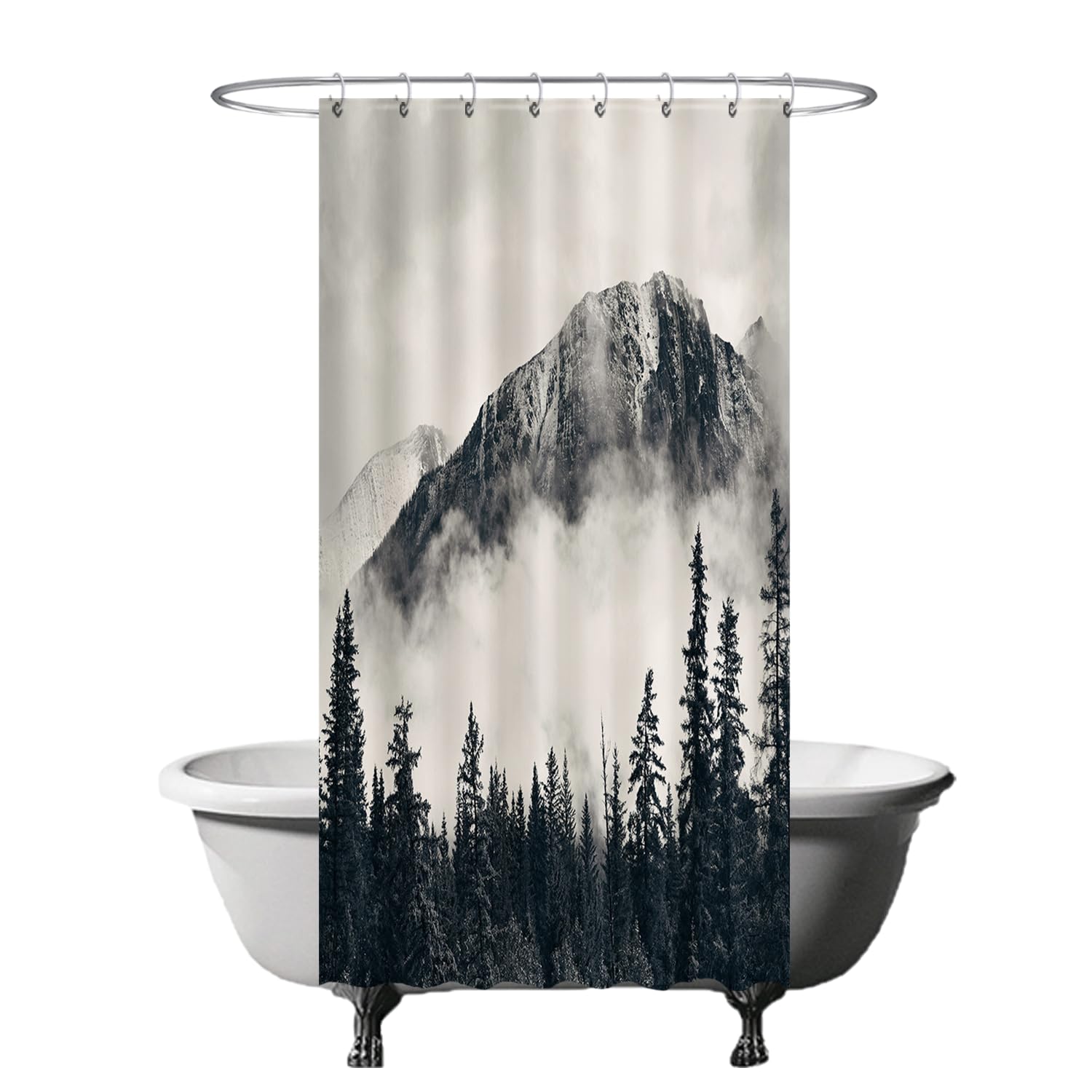 Ulticool Shower Curtain - Mountains Nature Fog Forest - 120 x 200 cm - Washable - Anti Mould - Waterproof - with 8 Rings - White Grey Black