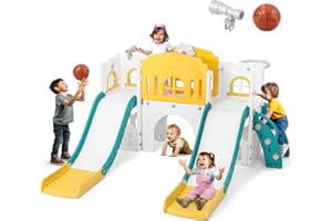 JOYLDIAS 9 in 1 Toddler Slide, Toddler Playground with Double Slides, Climber,Basketball Hoop,Tunnel, Telescope, Storage Space and Non-Slip Step, Indoor Outdoor Backyard Playset for Toddlers Age 1-3+