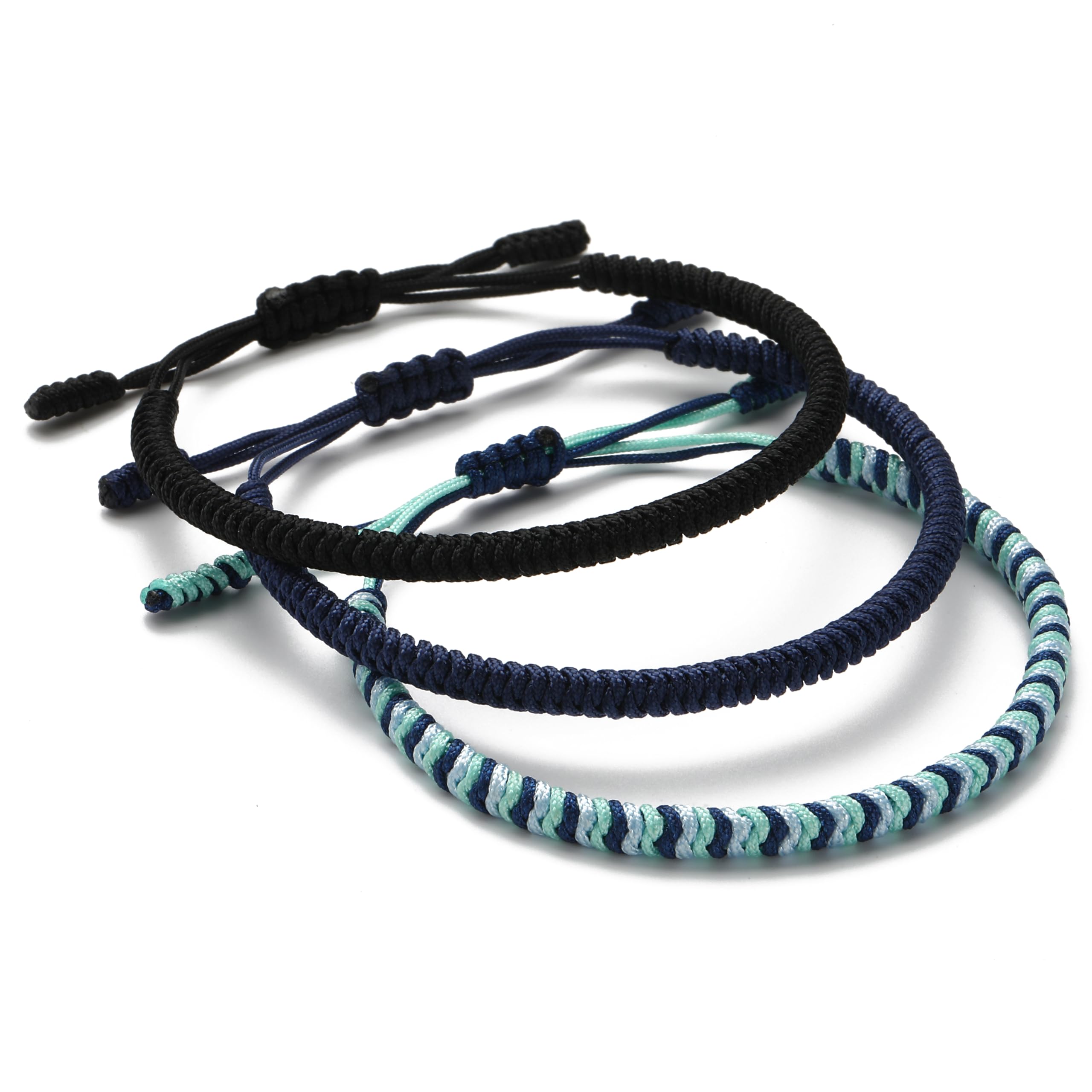 Lucky Buddhist Handmade Bracelets + Buddhist Gift! Tibetan Good Luck String Armbands For Women Men Teens. Adjustable Size! Friendship present. Handcrafted rope wristbands. Thick Blue, Black, Dark Blue