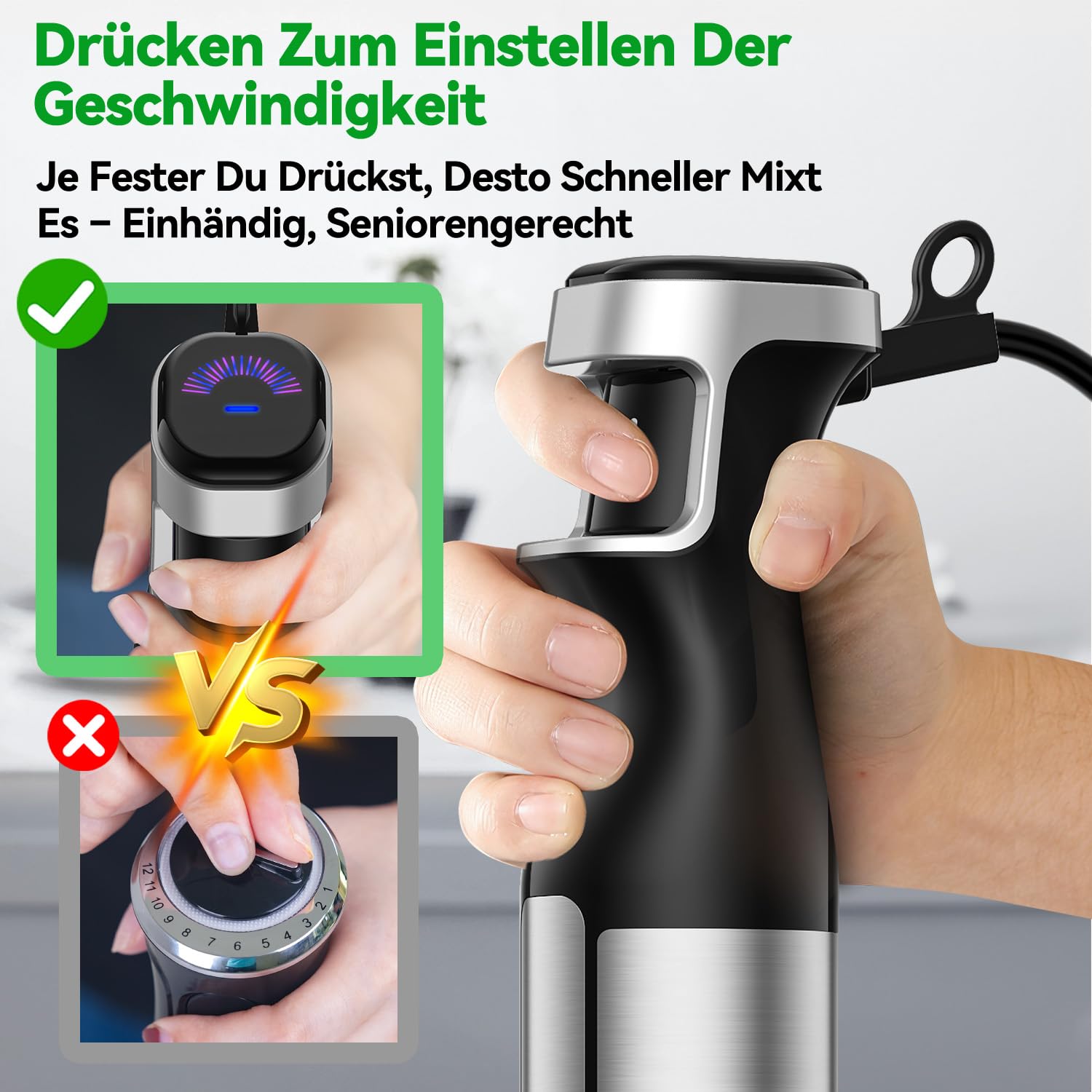 BESROY Stabmixer Set 5 in 1, 1100W Pürierstab Elektrisch, Stufenlose Geschwindigkeit, Edelstahl Hand Blender inkl. Zerkleinerer, Schneebesen, Milchaufschäumer & Messbecher, Ideal für Suppen, Smoothies 3