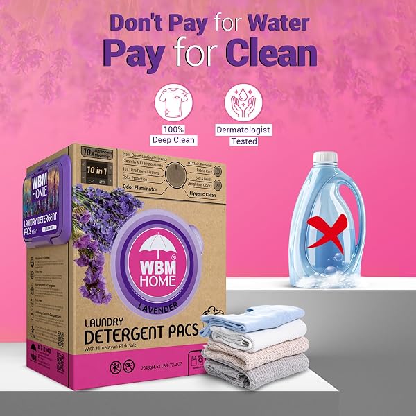WBM 10-IN-1 LAUNDRY PODS WITH SOFTENER & SCENT BOOSTER, 96 COUNT, HIGH EFFICIENCY (HE), FABRIC SOFTENER, LAVENDER EXTRACTS, STAIN LIFTER, ECO-FRIENDLY, GENTLE, FRESH