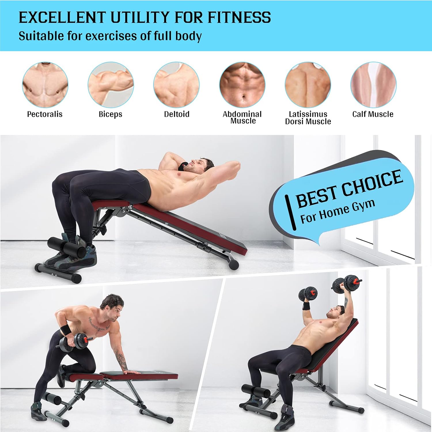 LINODI Weight Bench, Adjustable Strength Training Bench for Home Gym, Multi-Purpose Utility Workout Bench for Full Body Workout, Thickened Frame Upgraded Version : Sports & Outdoors