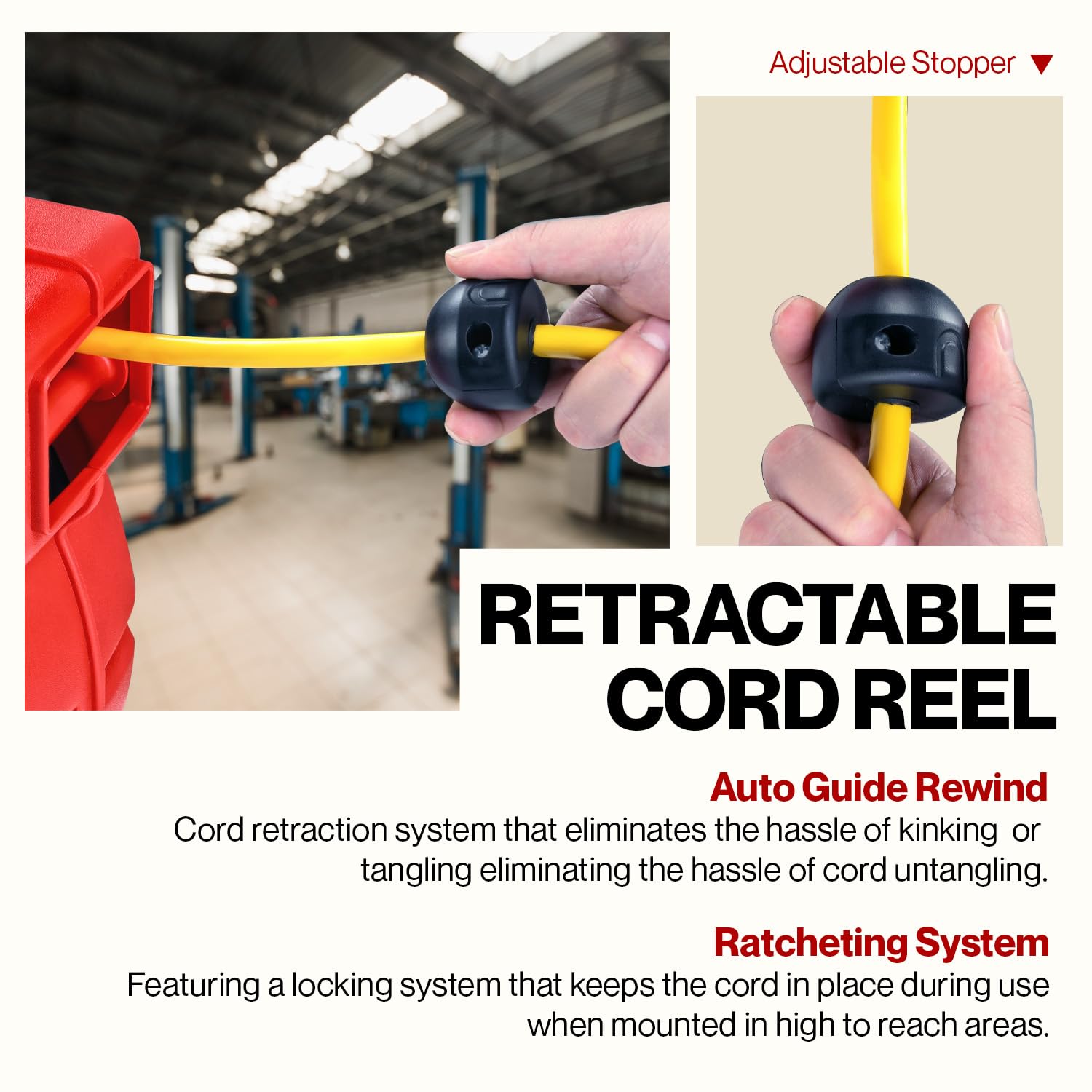 ReelWorks Extension Cord Reel Retractable 12AWG x 65' Foot 3C/SJT Heavy Duty Commercial Cable Triple Tap Connector Power 15A 125VAC 1875W