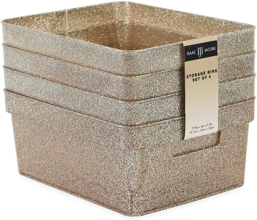 Isaac Jacobs Small Glitter Storage Bin (10” x 7.5” x 4.25”) Set w/Cut-Out Handles, Plastic Organizer, Multi-Functional, Home Storage Solution, Kids Playroom, Bedroom, Closet (4, Champagne)