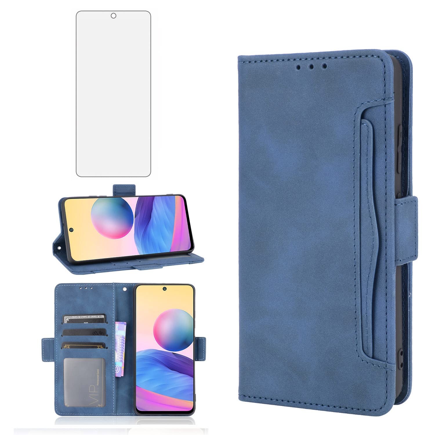 Asuwish Compatible with Xiaomi Redmi Note 10 5G Wallet Case Tempered Glass Screen Protector Card Holder Credit ID Slot Leather Flip Phone Cover for Poco M3 Pro/Redme Note 10T G5 Women Men Blue