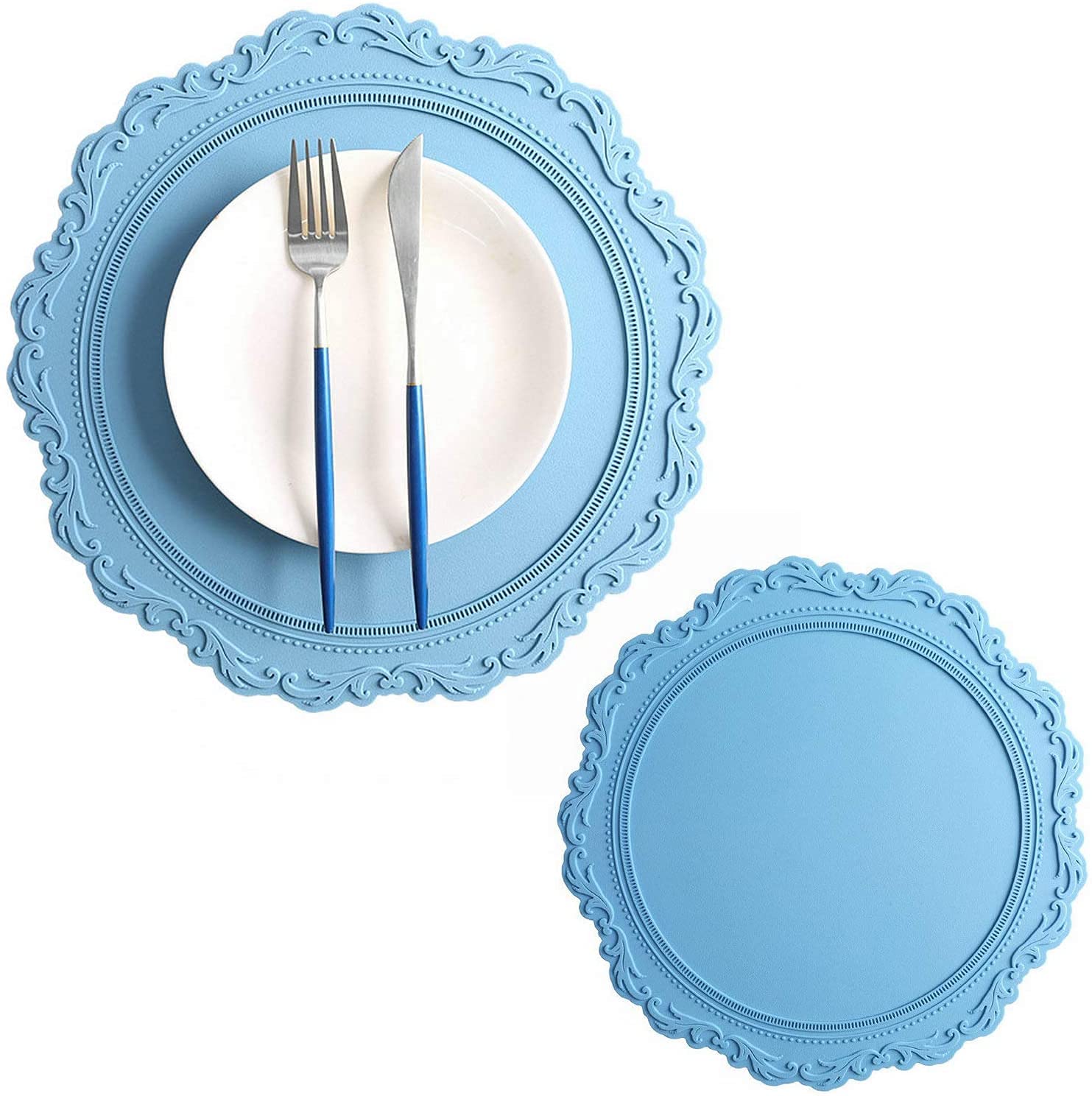 Large Round Embossed Placemats 34cm/13.4in Set of 2 Dinner Table Thicken Silicone Place Mats Heat Resistant Non-Slip and Waterproof (Blue)