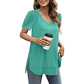 JomeDesign Summer Tops for Women Short Sleeve V Neck Shirts Side Split Loose Casual Tunic Tops