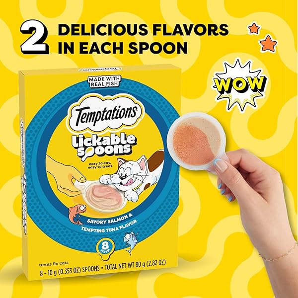 TEMPTATIONS LICKABLE SPOONS, SOFT LICKABLE CAT TREATS, ADULT WET CAT TREATS, SAVORY SALMON AND TEMPTING TUNA FLAVOR, 8 SPOONS, PACK OF 12 (96 TOTAL)
