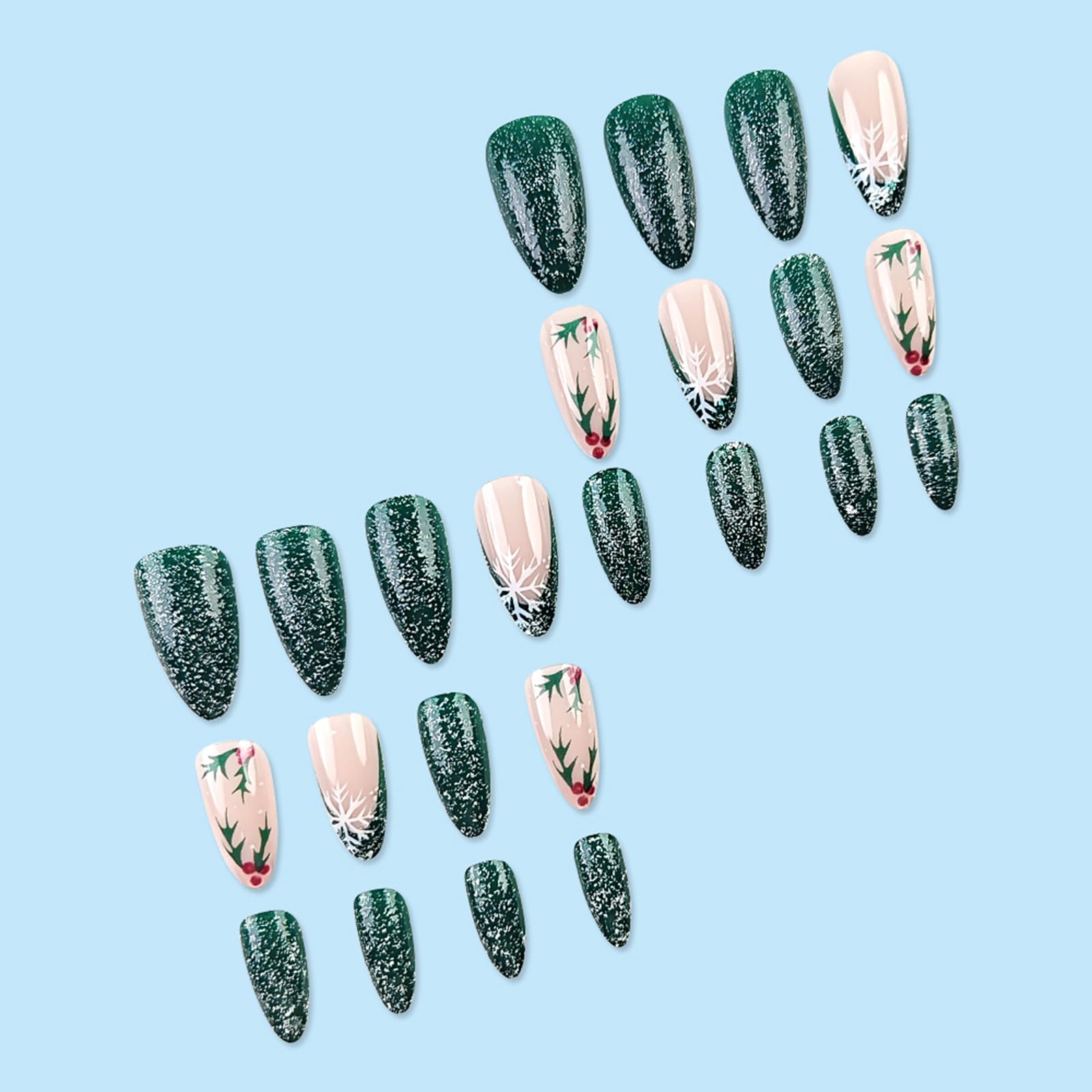 Christmas Press on Nails Almond Green Glitter Fake Nails Medium French Tip False Nails with Snowflake Designs Acrylic Nails Xmas Glue on Nails Glossy Medium Artificial Nails Stick on Nails for Women - Image 4