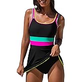 popvil Women One Piece Swimsuit 2026 Tummy Control Bathing Suit Neon Modest Swim Dress with Skirt Full Coverage