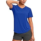 Womens Workout Tops V-Neck Short Sleeve UPF 50+ Sun Shirt Moisture Wicking Quick Dry Top for Gym, Running, Athletic