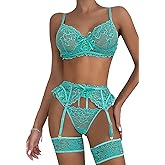 FAIRYMEI Lingerie for Women 3 Piece Lingerie Set with Garter Belt Bra and Panty Sets Sexy Lace Bodydoll Teddy Lingerie…