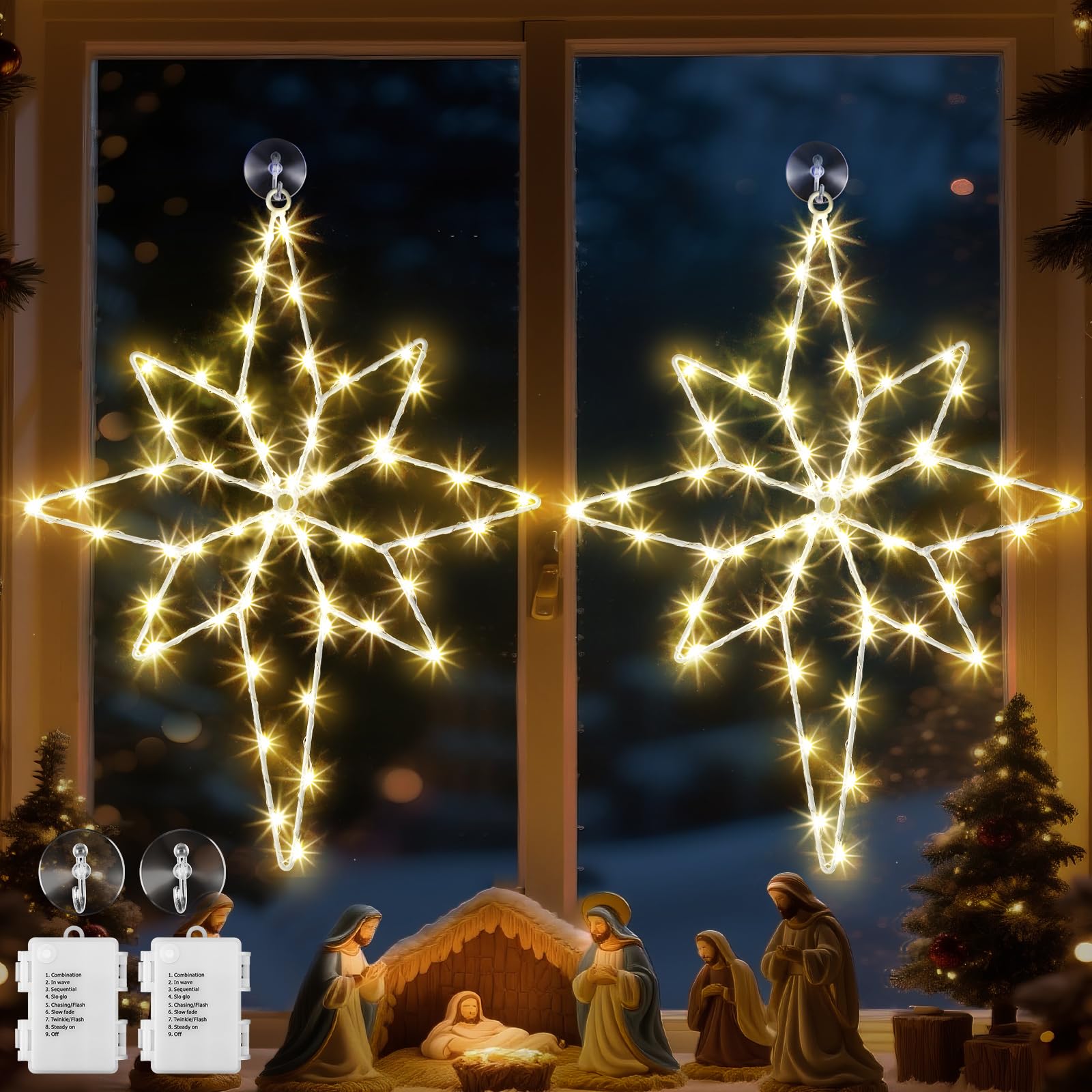 Photo 1 of Hiboom 24 Large Christmas Window Light Decorations, 8 Modes Christmas Bethlehem Star Window Silhouette Lights with Timer, LED lamp Beads, Iron Frame, Battery Operated Xmas Holiday Decors(2 Pack)