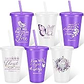 Havawish 12 Pcs 12 Pcs Christian Gifts Bulk for Women Church Group 16 oz Butterfly Plastic Cups Religious Bible Tumbler with Lid and Straw Women Mom Teacher Coworker Church Gifts (Purple,White)