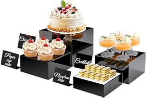THMINS 4 Pcs Black Buffet Risers with Mini Signs,Acrylic Food Risers for Buffet Table,Display Stand for Dessert,Jewelry,Figures show,Cube Display Base with Hollow Bottoms (6",6.5",7",8")