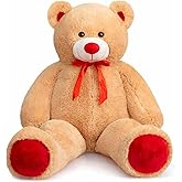 WENMOTDY Giant Teddy Bear 4ft Stuffed Animal Big Teddy Bear Plush with Red Ribbon Bow and Paw Pads Plush Toy for Girlfriend Lover Mom Kids Anniversary Valentines Birthdays Gifts 48 inch Tan