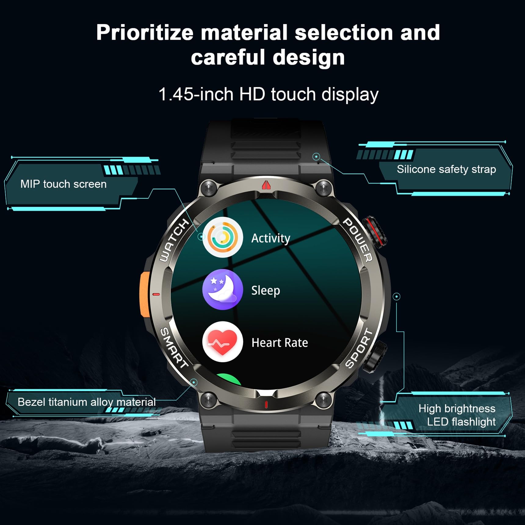 Military Smart Watch for Men（Bluetooth Calling）, Fitness Watch with Flashlight,Compass,960mAh Battery,120+ Sports,SpO2 Heart Rate Sleep Monitor,Step Counter,IP68 Waterproof Smartwatch for iOS Android