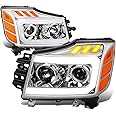 Auto Dynasty LED DRL Headlights Assembly Compatible with 2004-2015 Nissan Titan Armada, Driver and Passenger Side 3D DRL Headlamps w/LED Turn Signal, Projector Low Beam, Chrome Housing Amber Corner