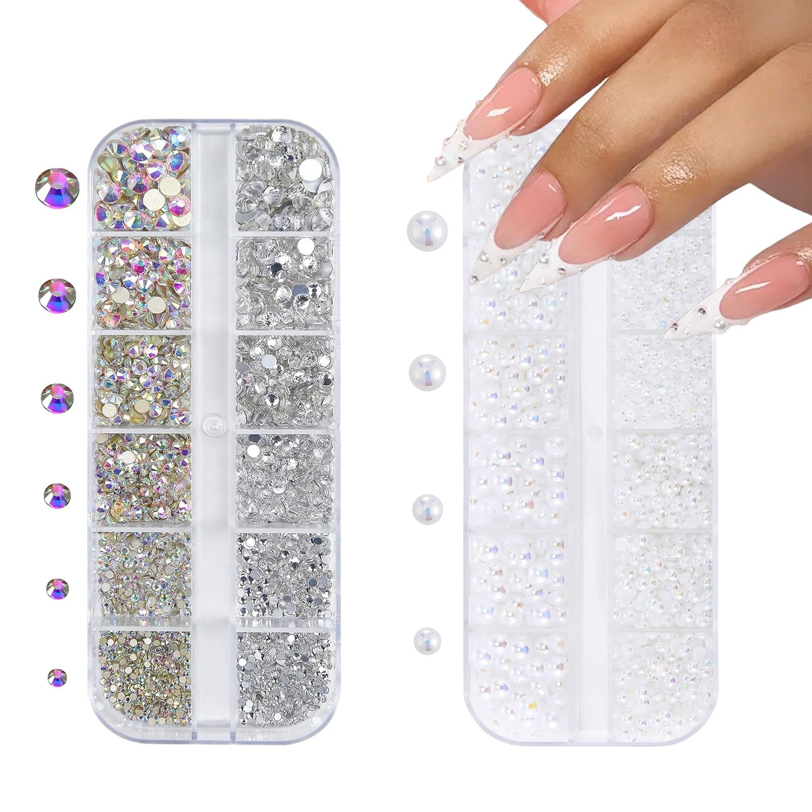 Nail Art Rhinestones and Pearls,2 Boxes Flackback Nail Rhinestones White Pearl Nail Charms,Resin Nail Art Decorations Accessories for Face Nail Art Design DIY Crafting Party Daily Wedding